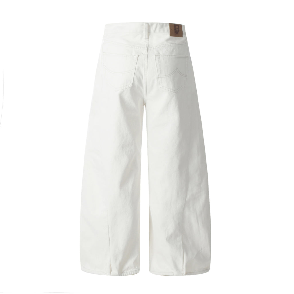 11KN 2025 high street stitching pleated white scimitar wide-leg jeans