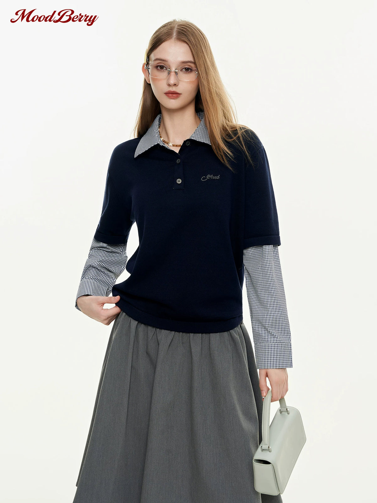 MoodBerry American Retro Prep Plaid Faux Two-Piece Henley Sweatshirt