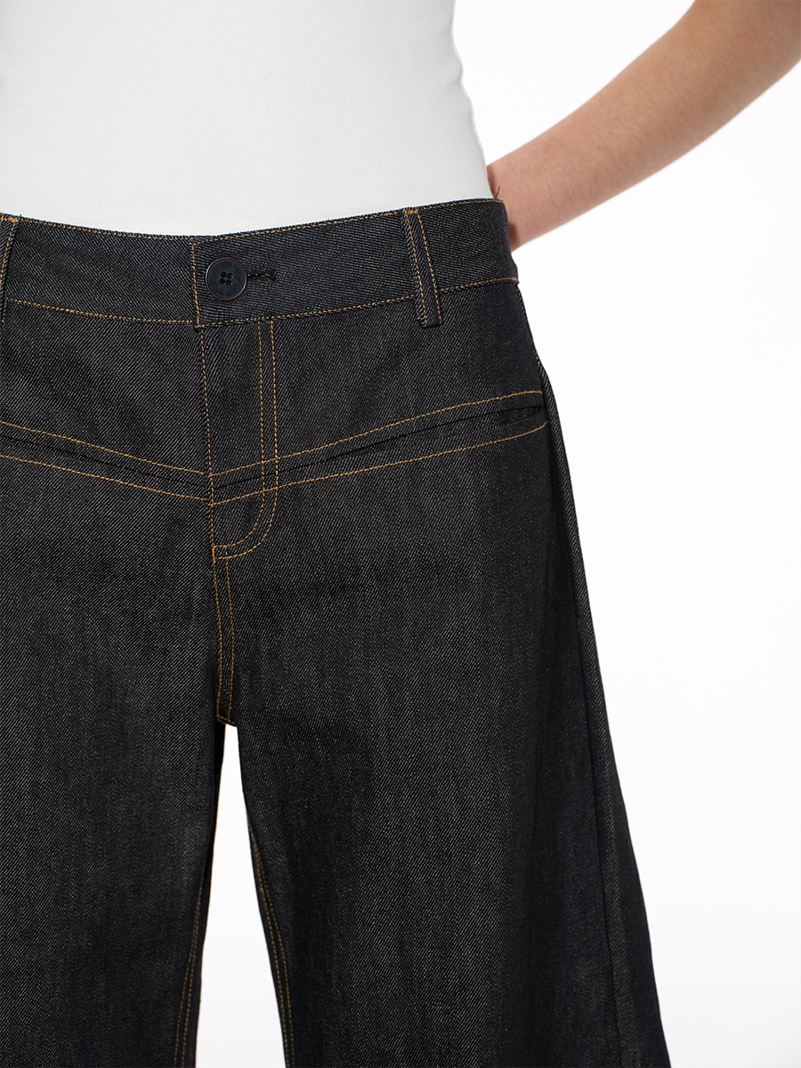 JCAESAR Denim Inverted Pleats Low-Rise Wide-Leg Jeans