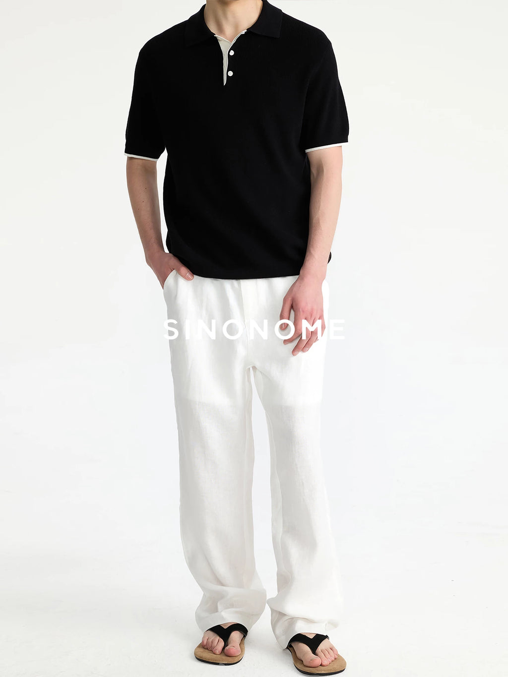 SINONOME Tencel Linen Contrast Collar Breathable Polo Tee