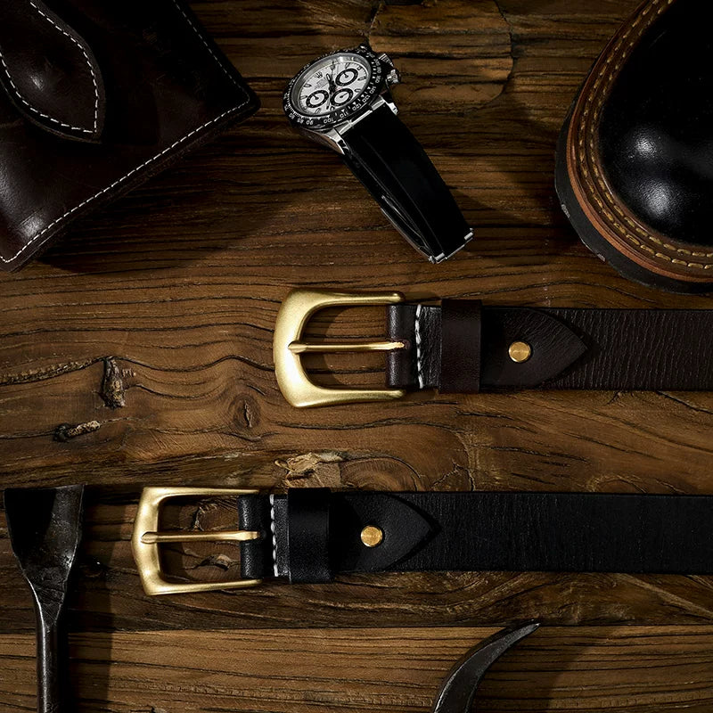 Mbbcar Brass Vintage Hand-Dyed Leather Belt