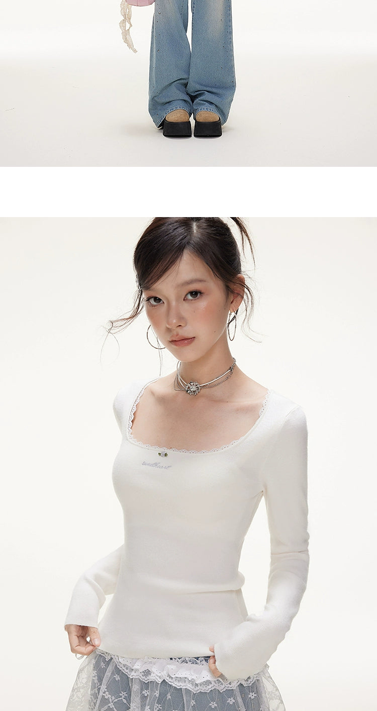 Imone Lace Contrasting Color Rose Generous Neck Knitted Sweater