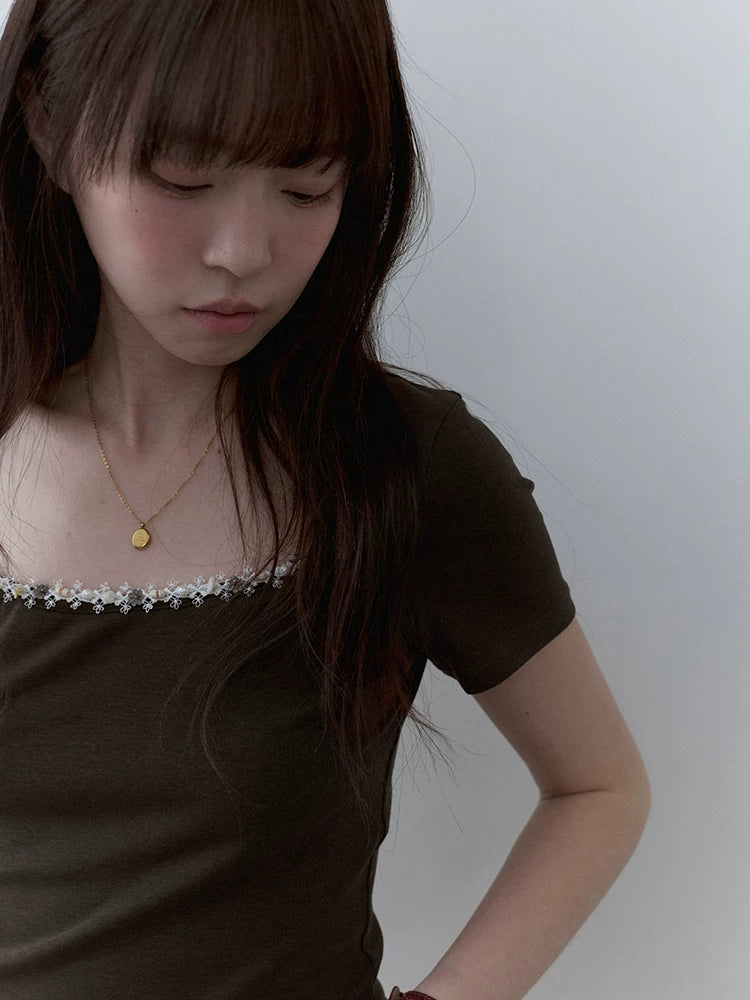 VOOE Square Neck Pearl Lace Tee