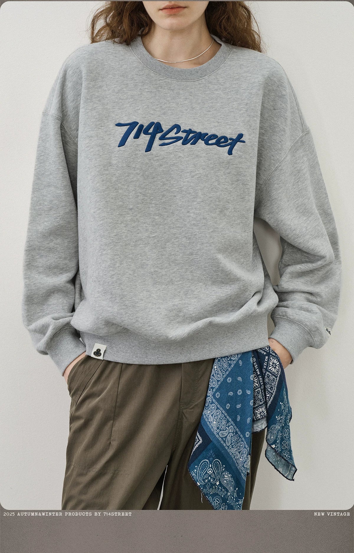 714Street Low Shoulder Sleeves Loose Silhouette Crew Neck Fleece Sweater