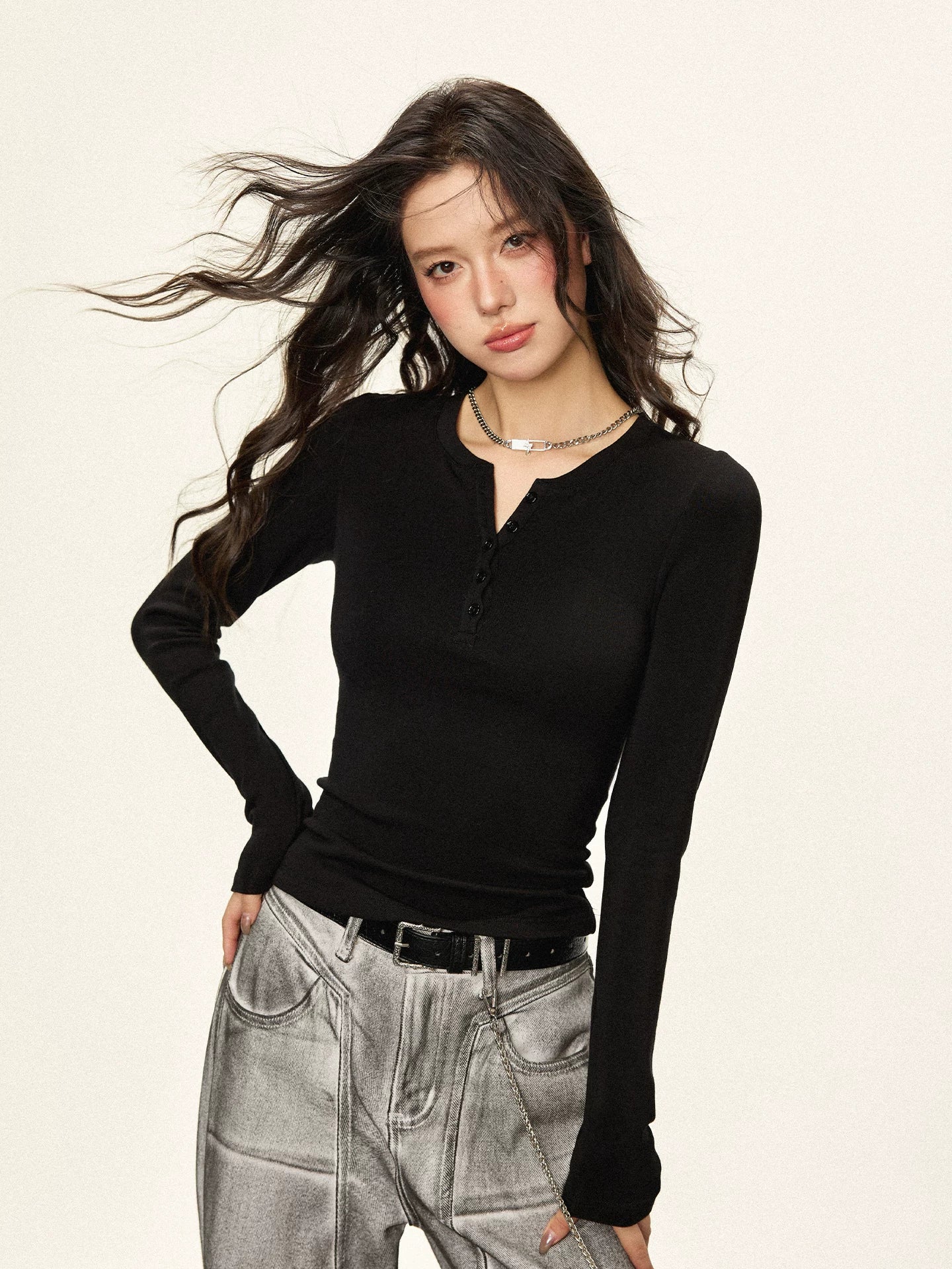 Cherry Melody Cropped Ribbed Henley Long-Sleeve Tee