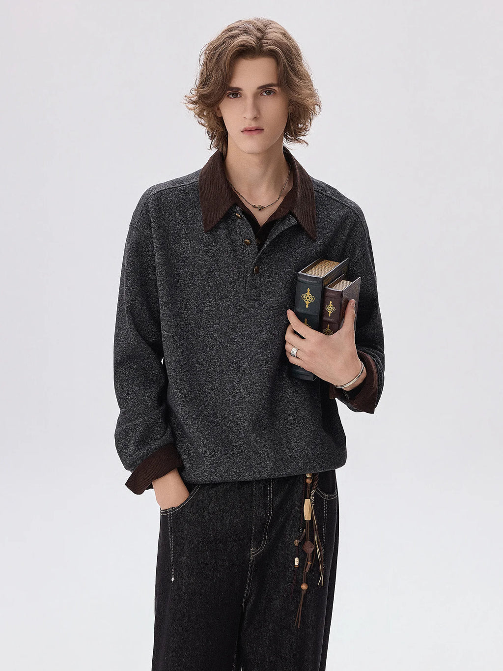 CHOR Color-Block Faux-Layered Polo Collar Long-Sleeve Sweatshirt