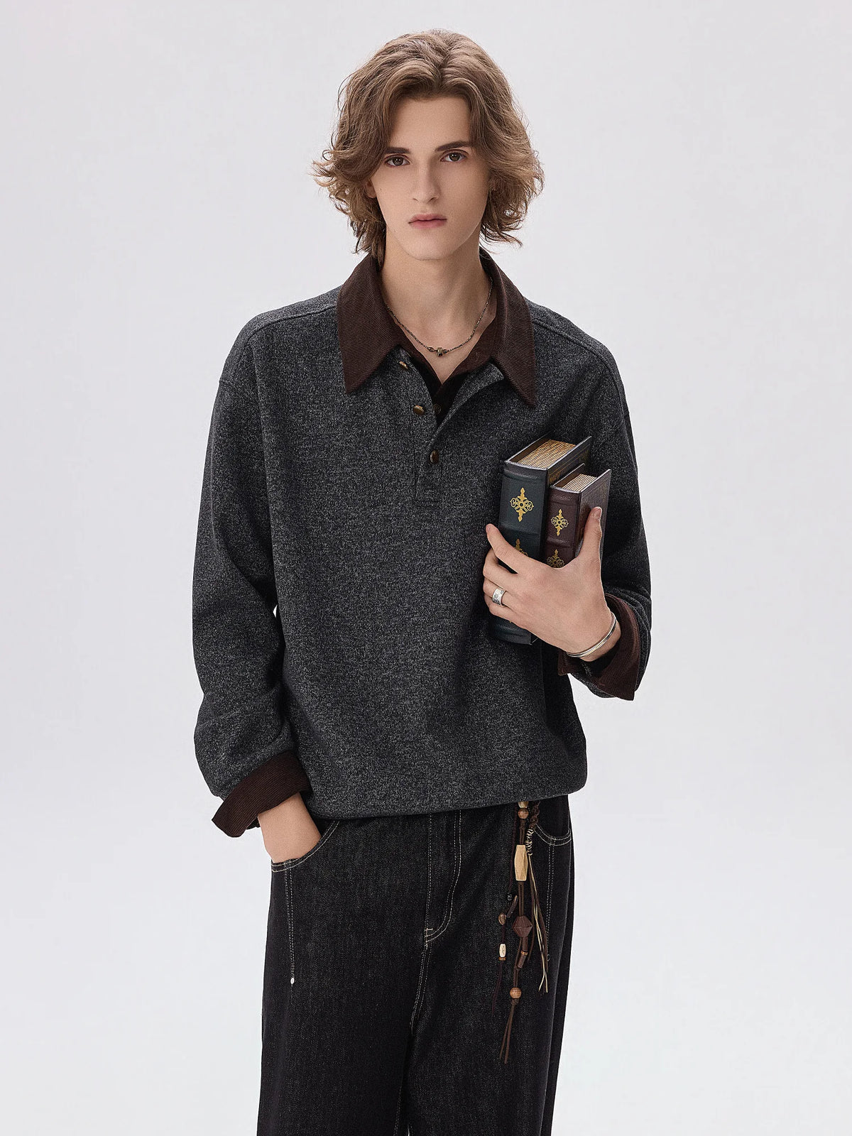 CHOR Color-Block Faux-Layered Polo Collar Long-Sleeve Sweatshirt