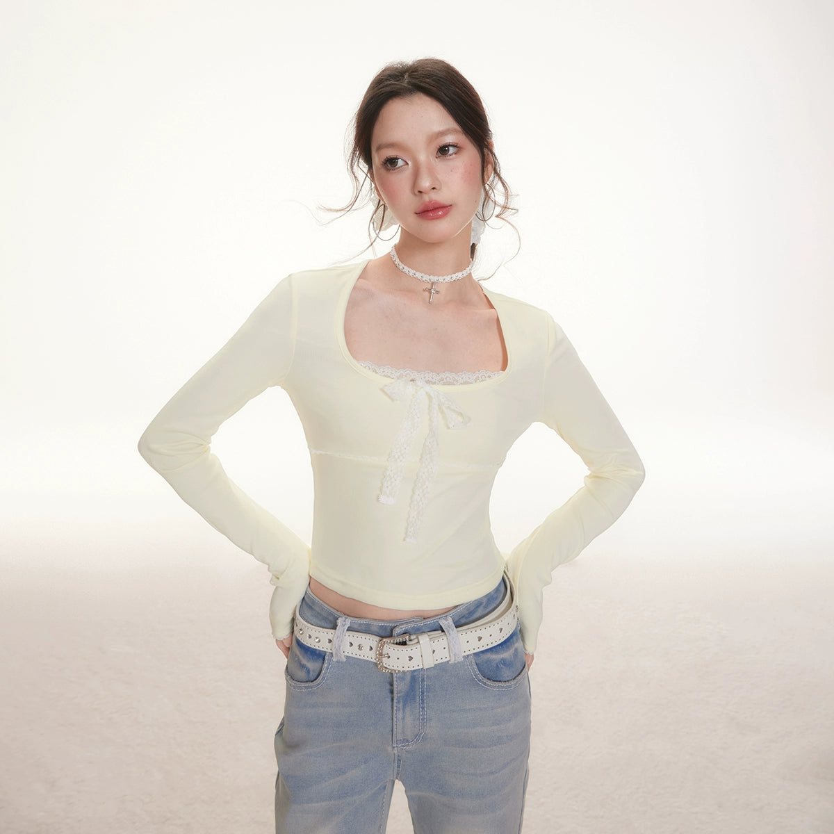 Imone Lace Splicing Bow Strap Square Neck Long Sleeve