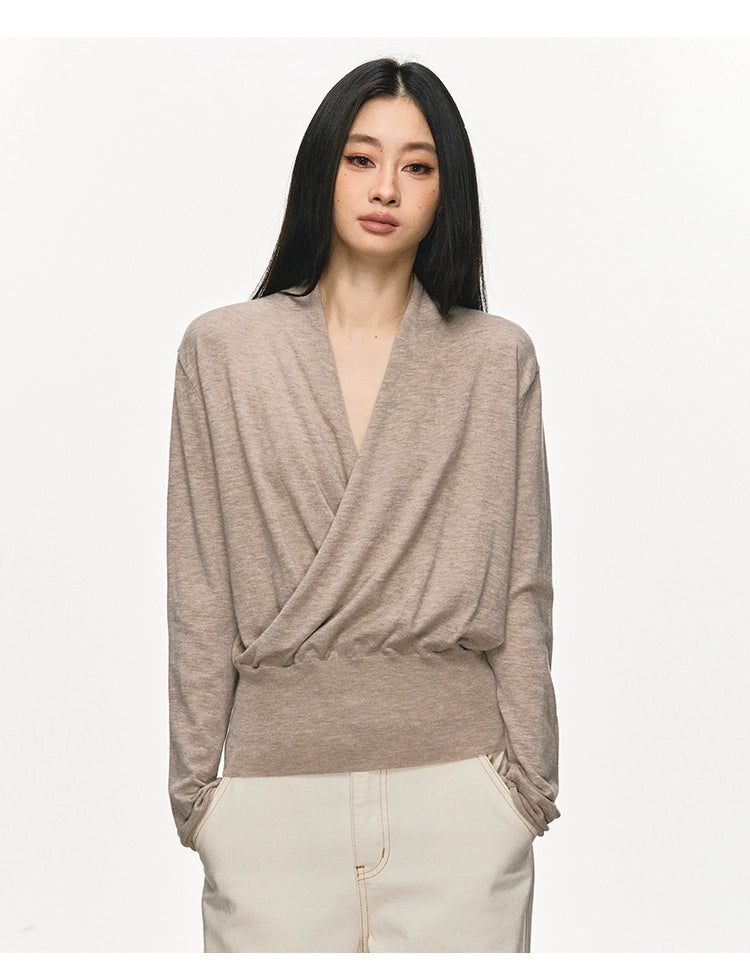 Anna Aneae Pleated V-neck Cross Loose Long Sleeve Knit