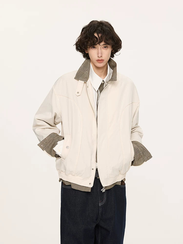 KREATE Plaid Houndstooth Loose Stand Collar Harrington Jacket