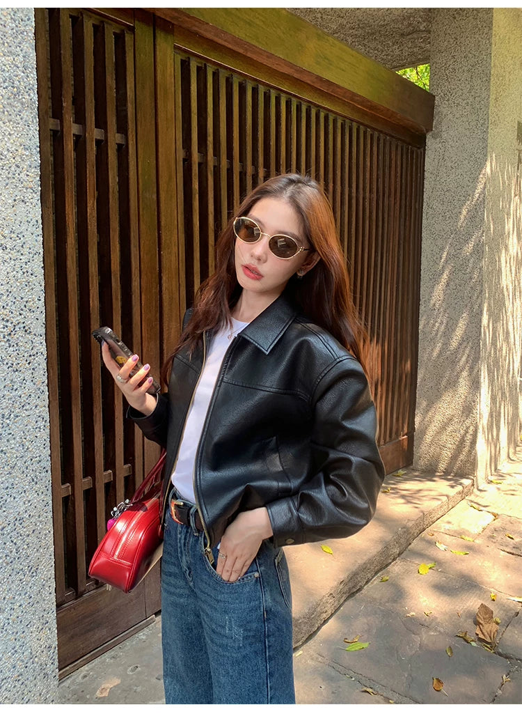 Pusumede Vintage Premium Loose Short Leather Jacket