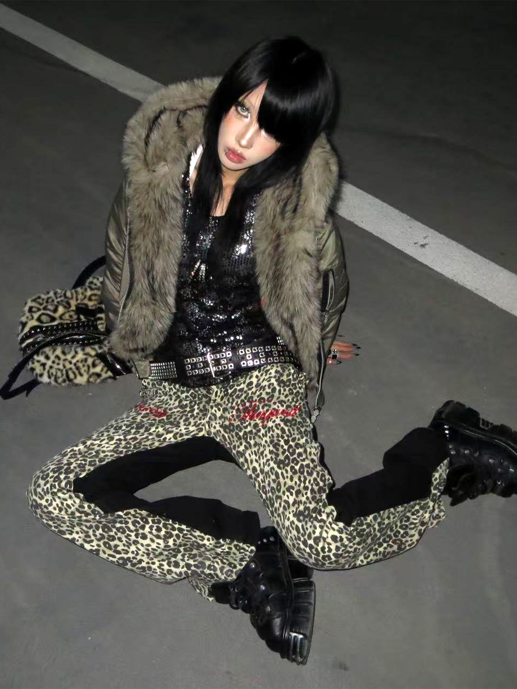 DETW Retro Double Leopard Print Micro-stack Visual Jeans