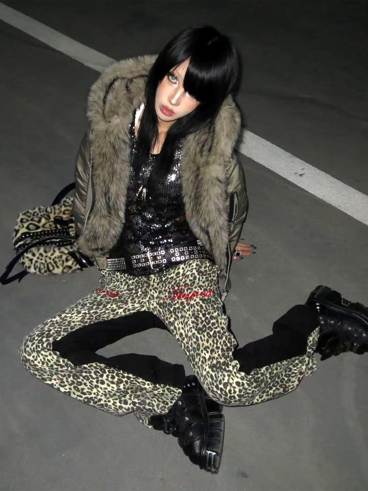 DETW Retro Double Leopard Print Micro-stack Visual Jeans