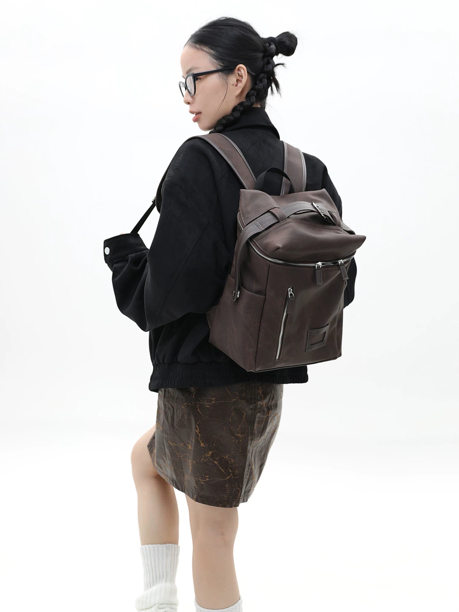 JANDRESS Dark Brown Faux Leather Zip-Top Backpack