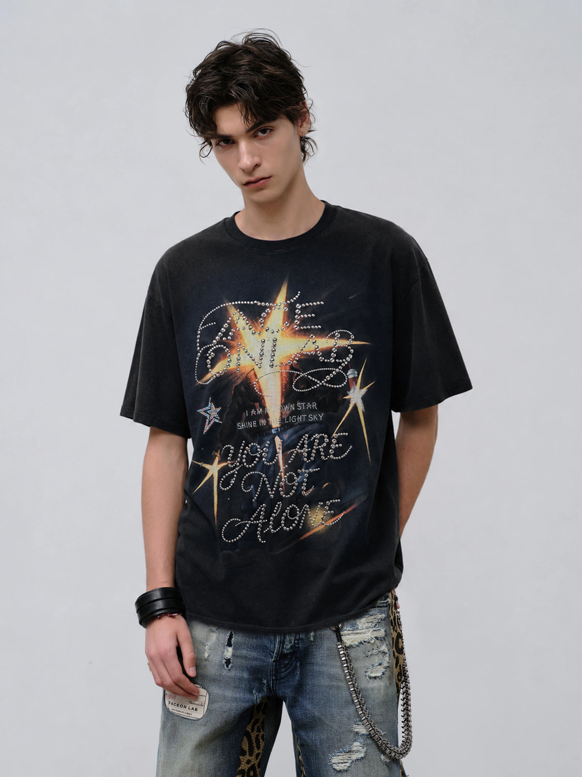 FACEON LAB Starboy Washed Rhinestone Graphic Tee