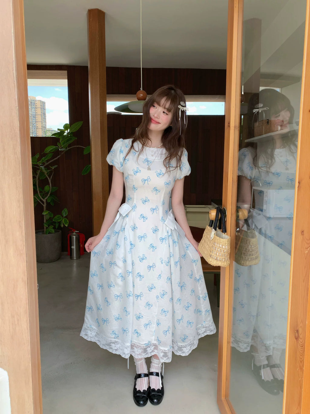 RRFIGHT Blue Butterfly Sweet V-Neck Fitted A-Line Dress
