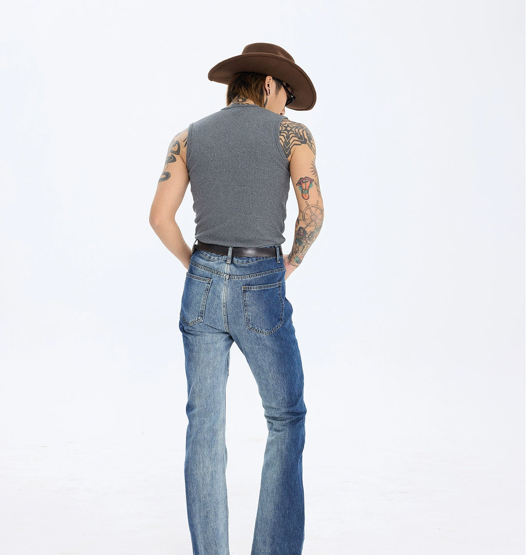 PUBLICRADIO Splicing Washed Heavy Denim Micro-flared Pants