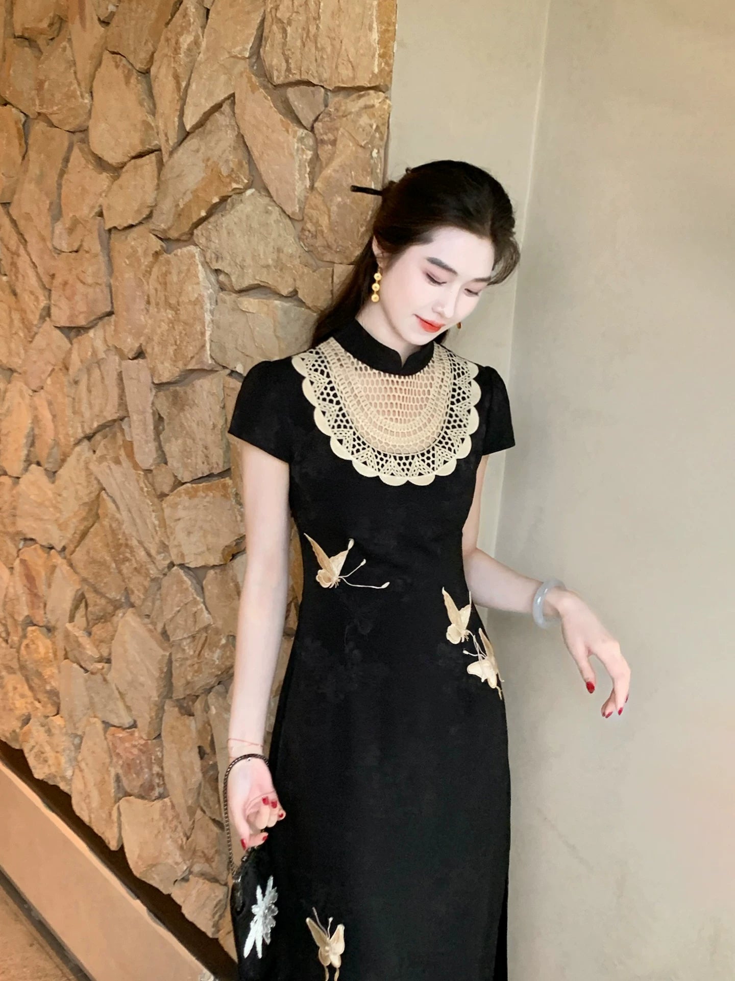 ZIHE Retro Satin Butterfly Dress