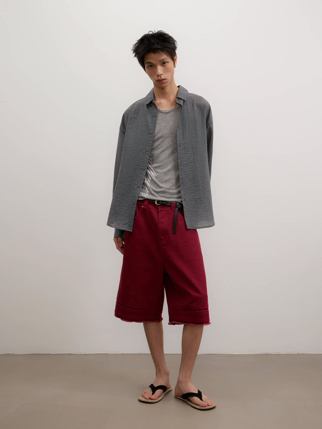 FUNKYFUN Raw Denim Pleated Frayed Loose Straight Shorts