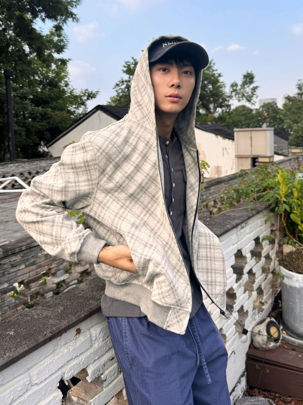 Stay the Night Diamond Plaid Zip-Up Hooded Sweatshirt
