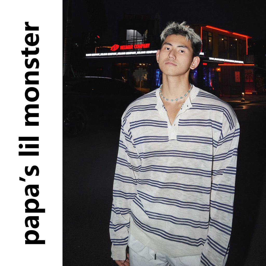 PAPASLILMONSTER Striped 260g Breathable Loose Long-Sleeve Tee