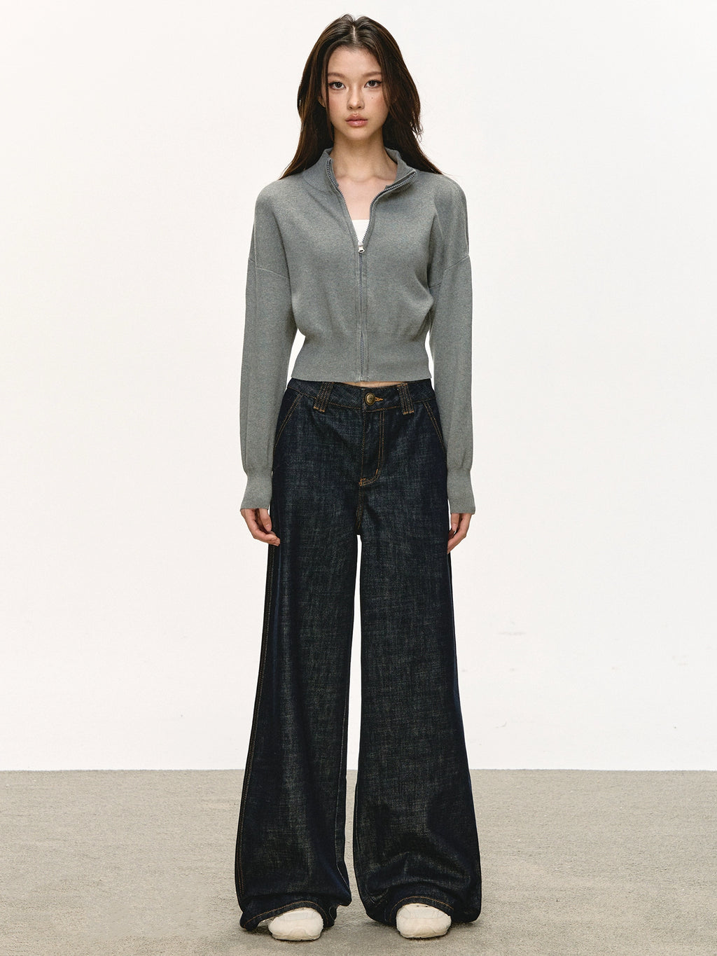 Anna Aneae Knitted Short Stand-up Neck Zip-up Jacket