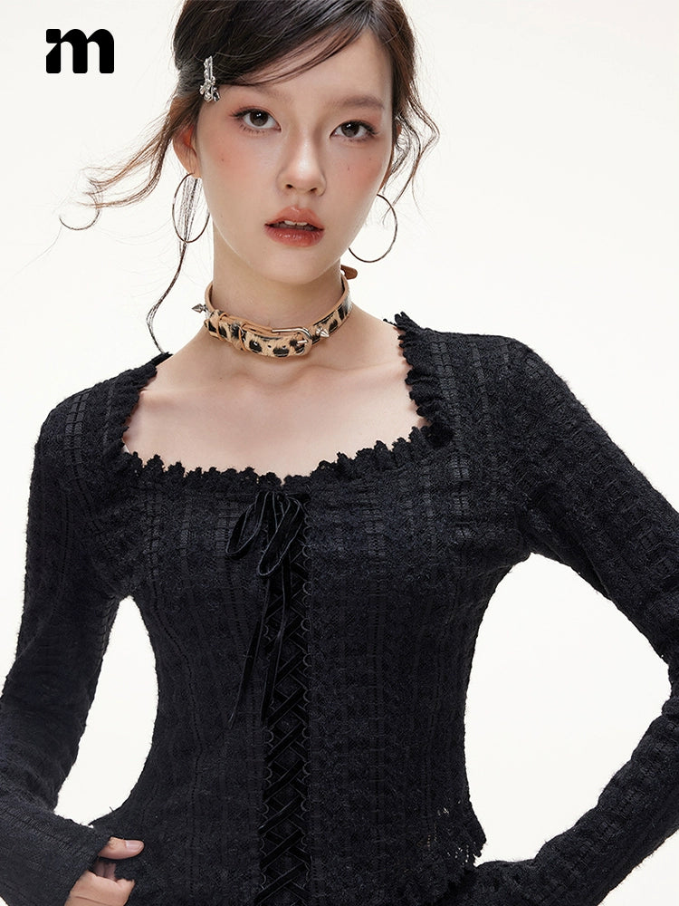 IMONE Velvet Strap Lace Square Collar Long Sleeve