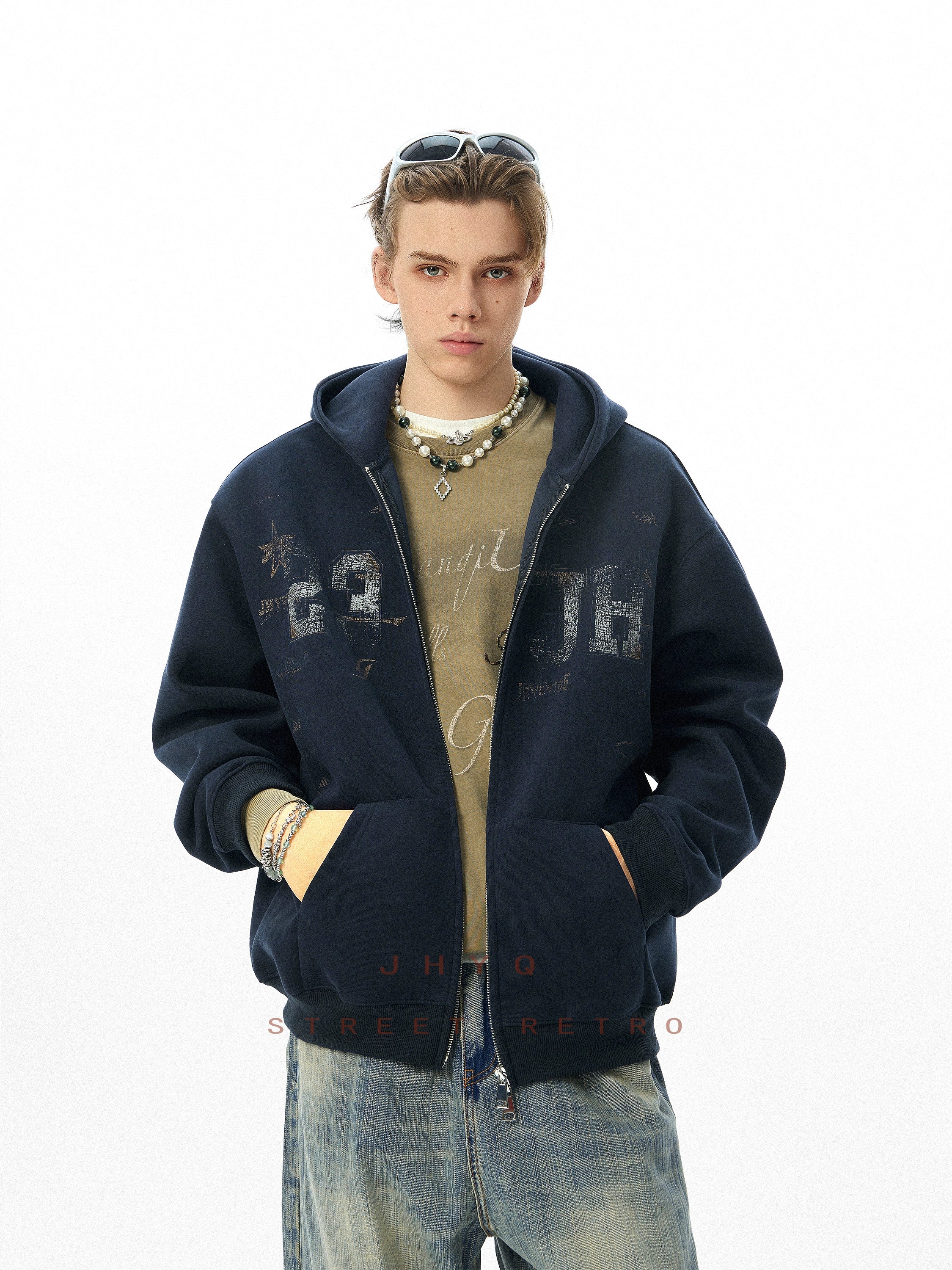 JHYQ Retro Letter Print Hooded Cardigan