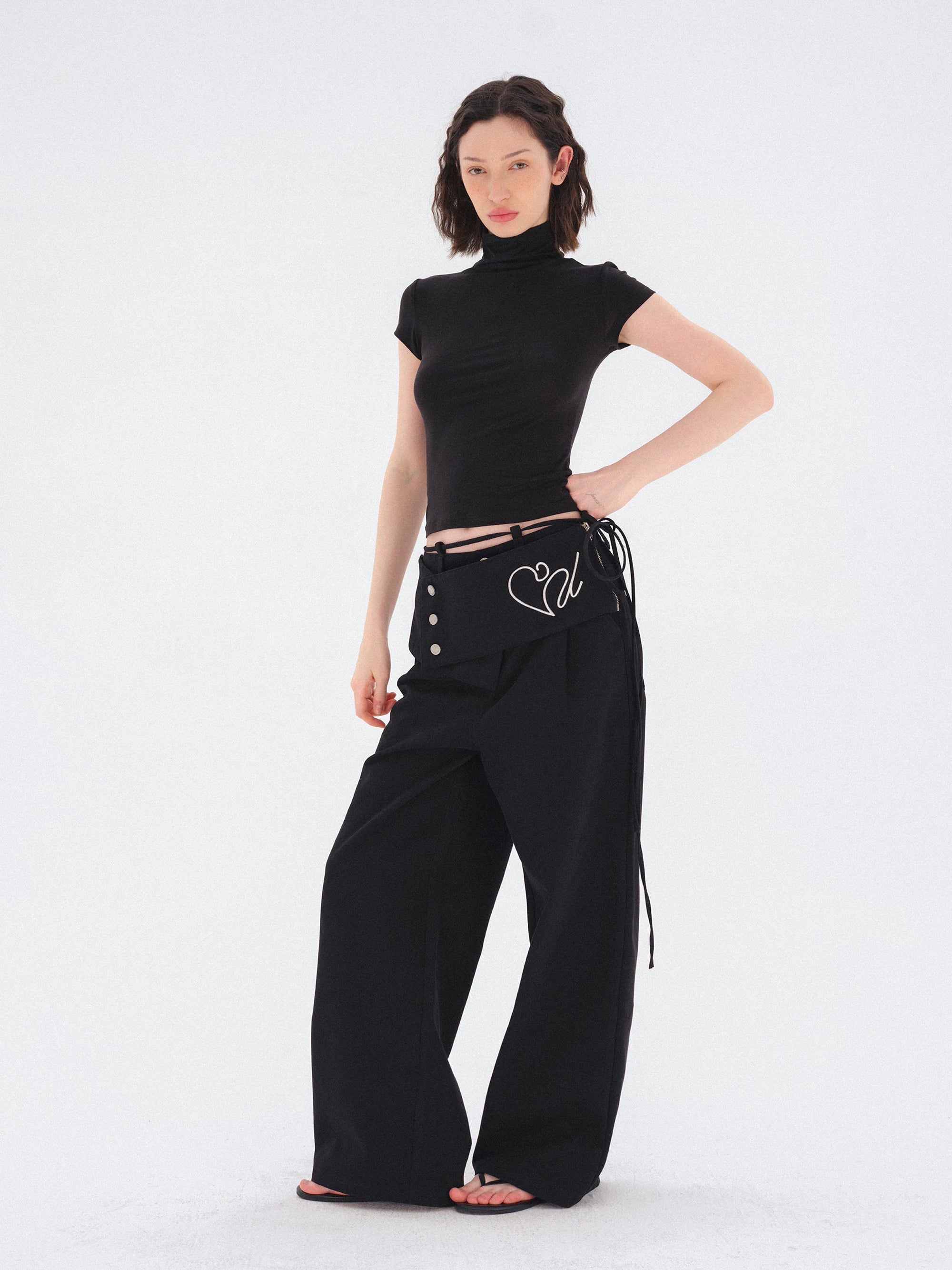 COSTUSTOOT Black Faux Layered Detachable Skirt Pants