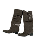 CHILIGIRL Distressed Buckle High-Top Western Boot