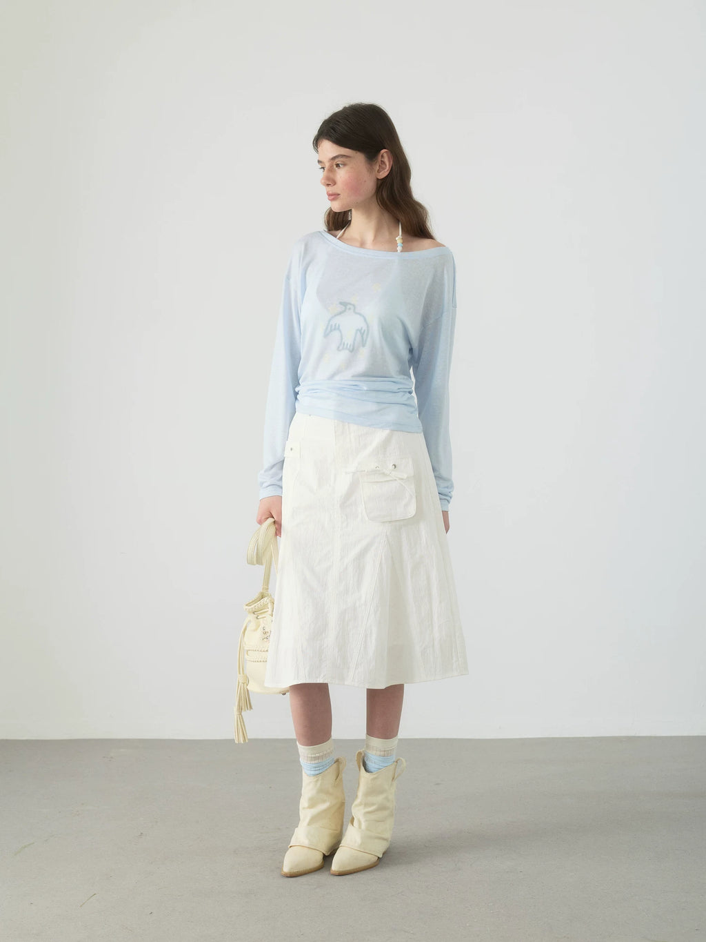 Yawhat White Textured A-Line Skirt with Pockets