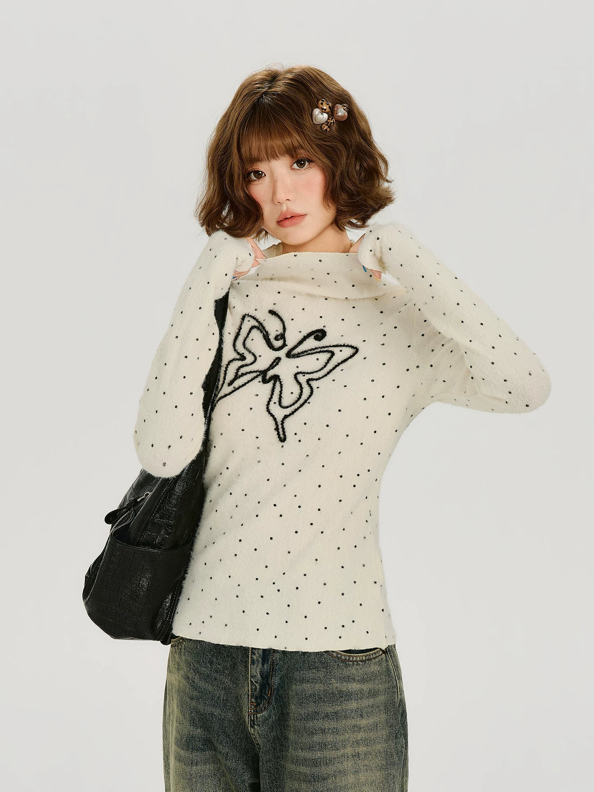Girlyhalo Half-Turtleneck Embroidered Relaxed Knit Tee