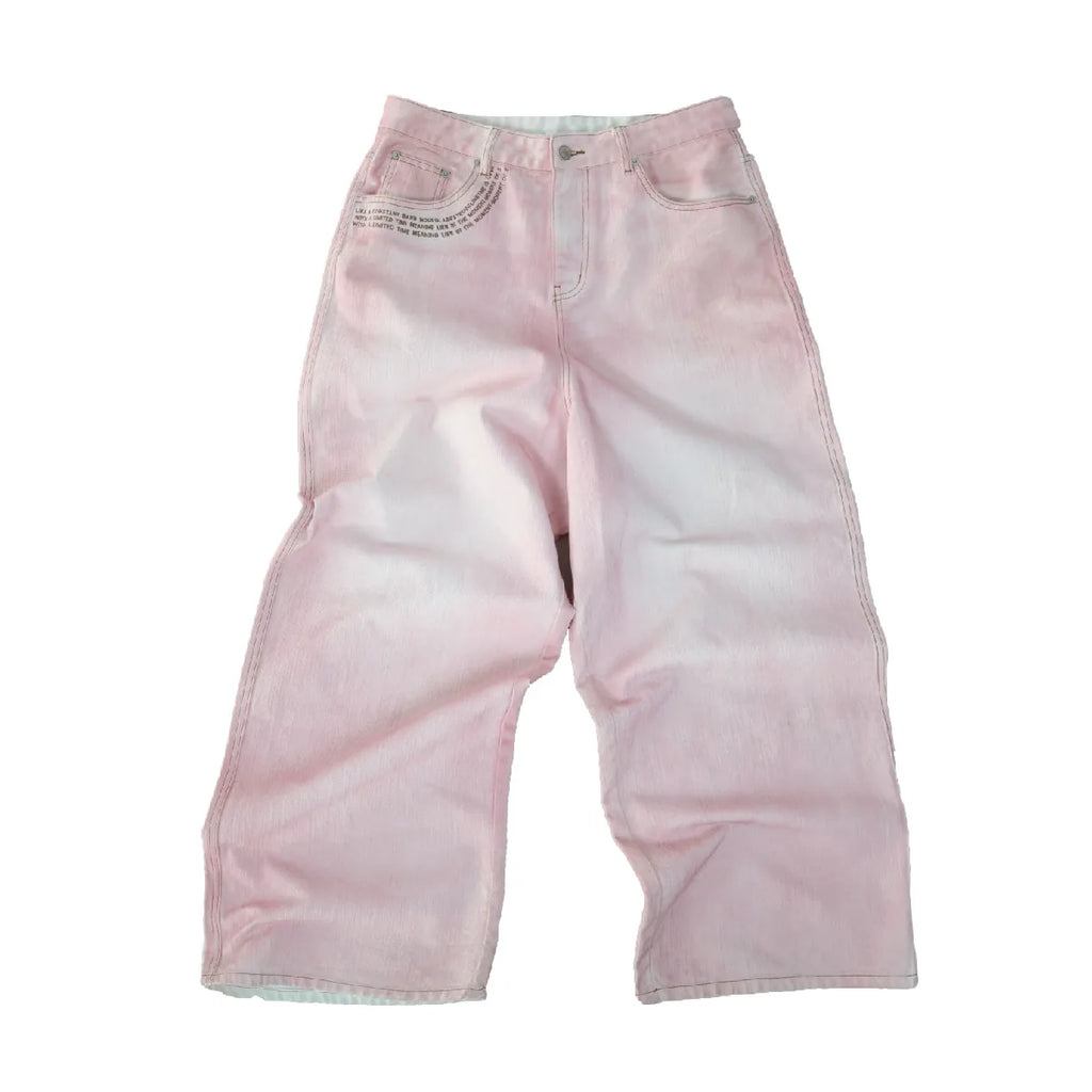 2359 TIMESTORE Pink Textured Embroidery Washed Wide-Leg Jeans