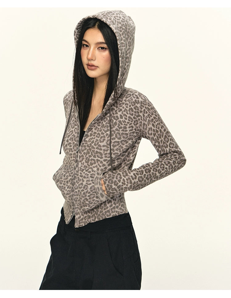 Anna Aneae Leopard Print Hooded Short Casual Slim Jacket