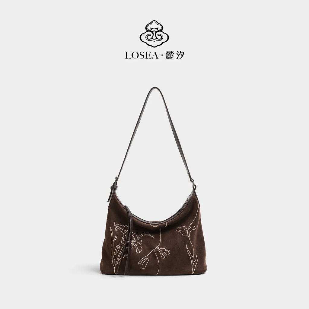 LOSEA Purple Suede Embroidered Hobo Shoulder Bag - Zip-Top