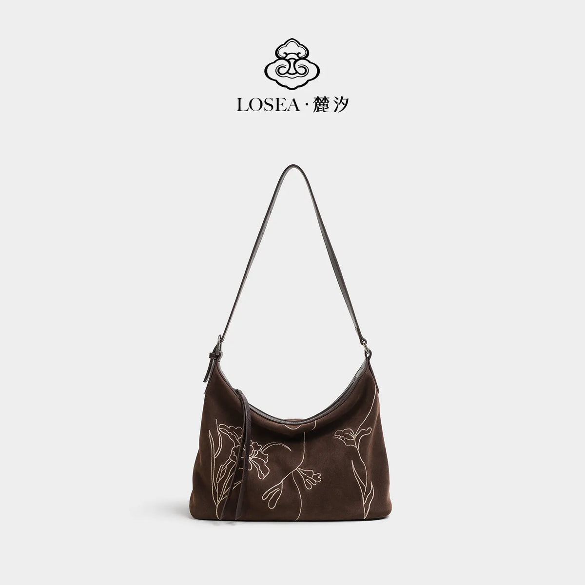 LOSEA Purple Suede Embroidered Hobo Shoulder Bag - Zip-Top