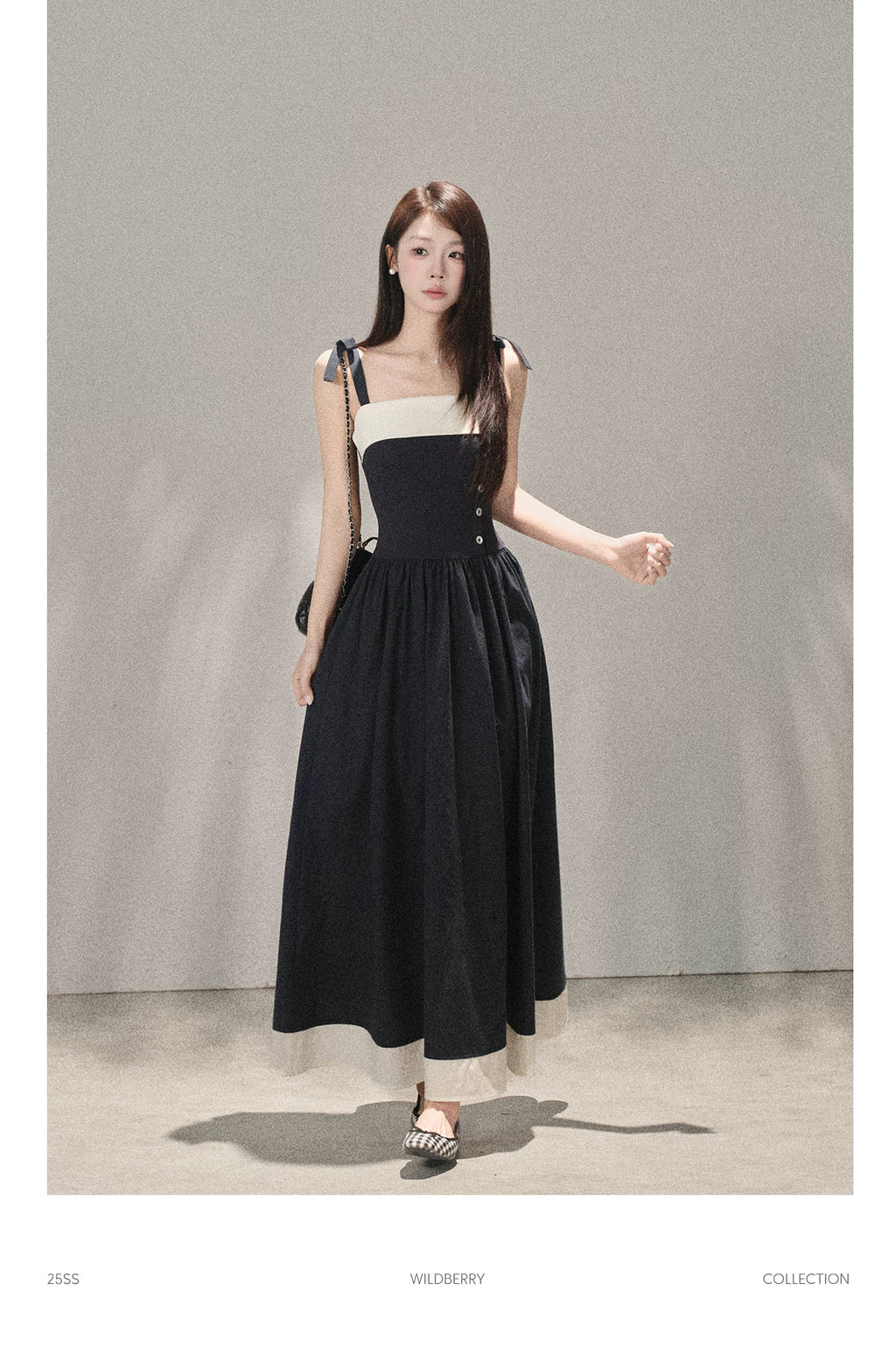 Wildberry Korean Style Strappy Dress with Patchwork Design High-Waist Long Dress