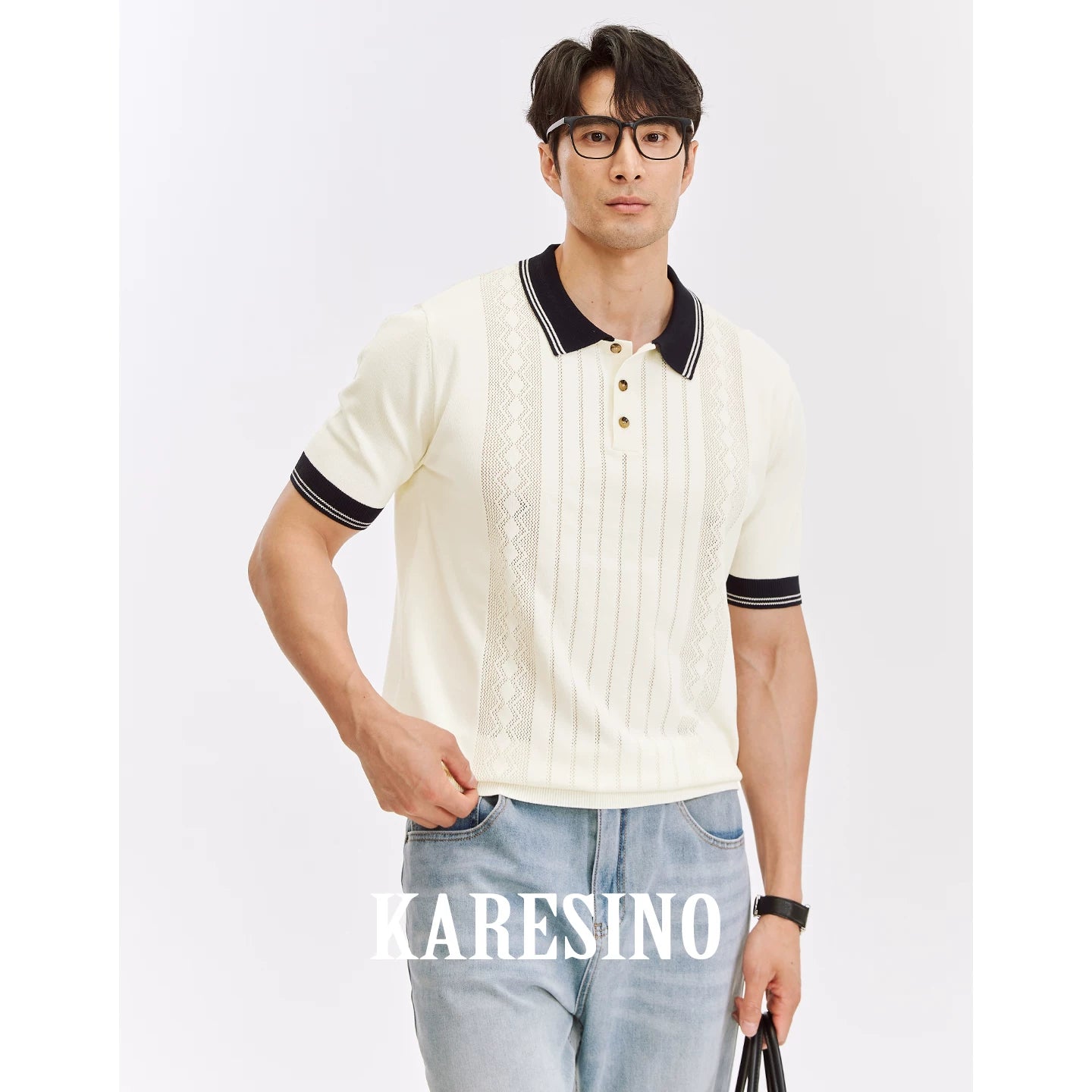 KARESINO Striped Cool-Touch Knit Polo Shirt