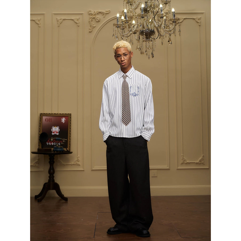 YADcrew Striped Loose Lapel Simple Embroidered Shirt