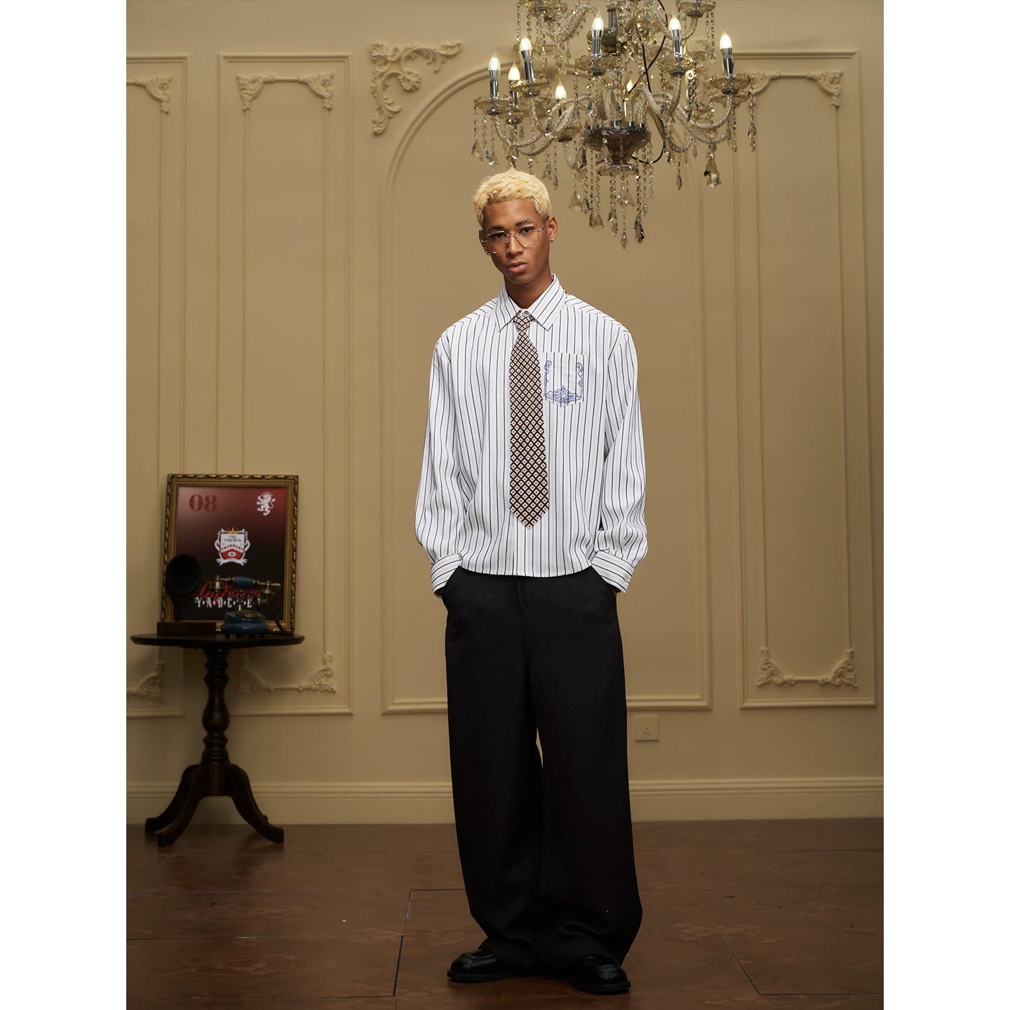 YADcrew Striped Loose Lapel Simple Embroidered Shirt