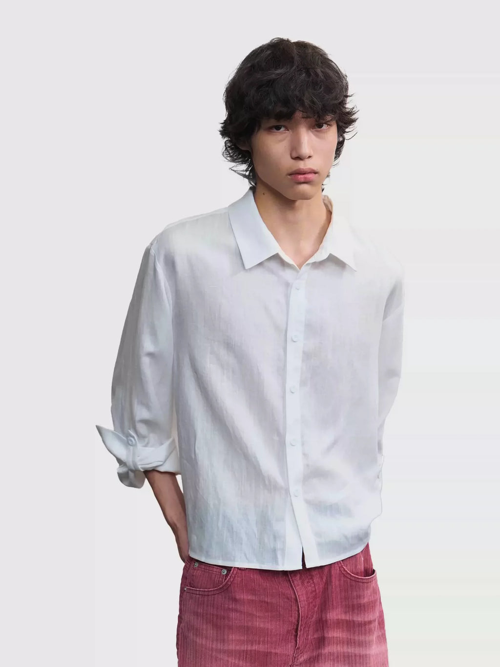 JCAESAR Vein Tencel Linen Rolled Hem Shirt