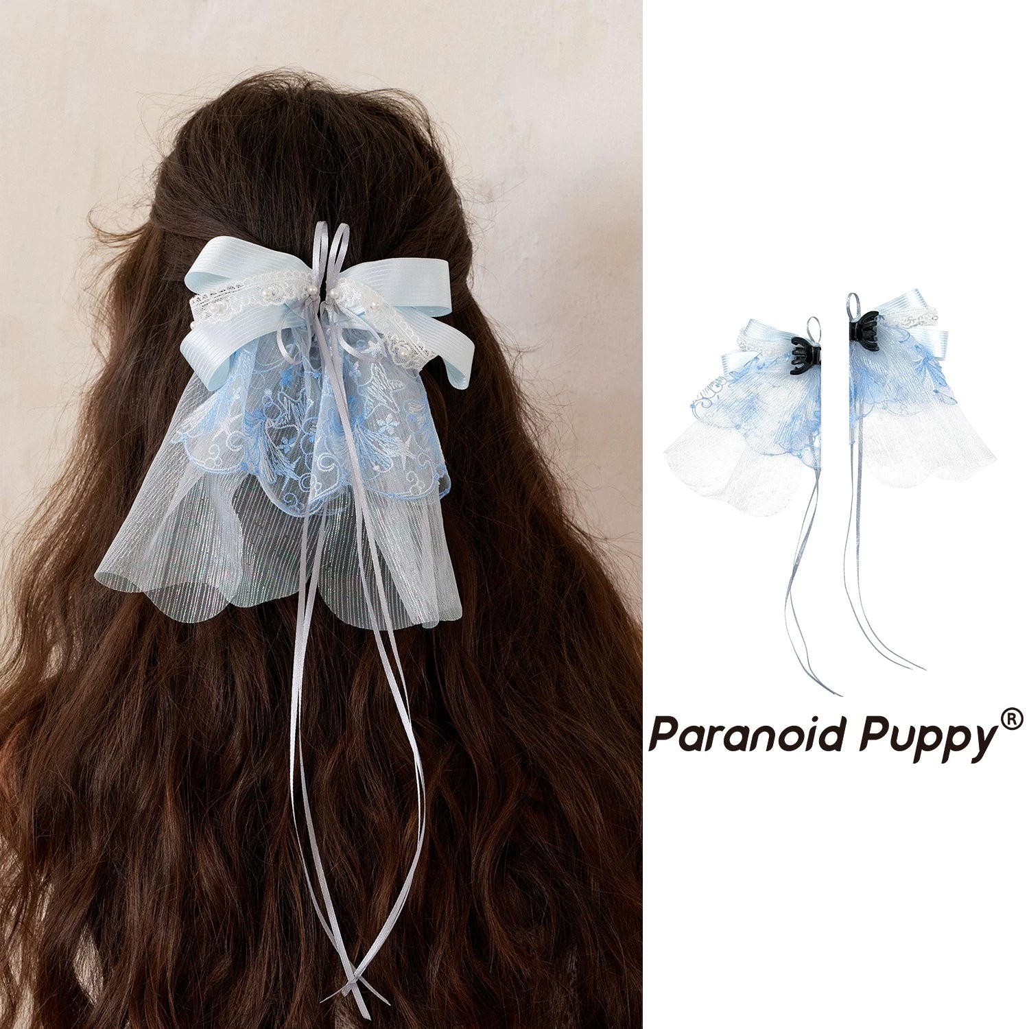 PARANOID PUPPY Magnetic Blue Organza Bow Hair Clip
