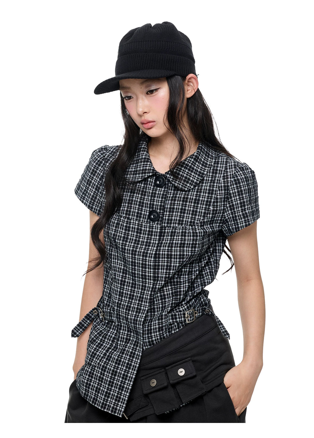 JIKOO Splicing Doll Collar Plaid Shirt Tee