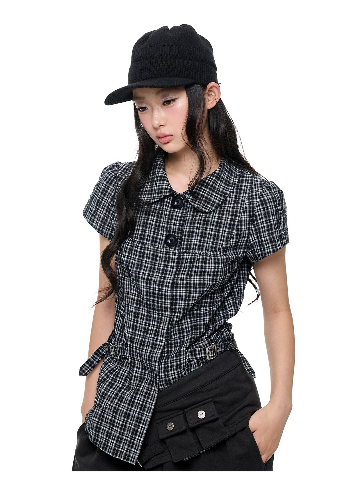 JIKOO Splicing Doll Collar Plaid Shirt Tee