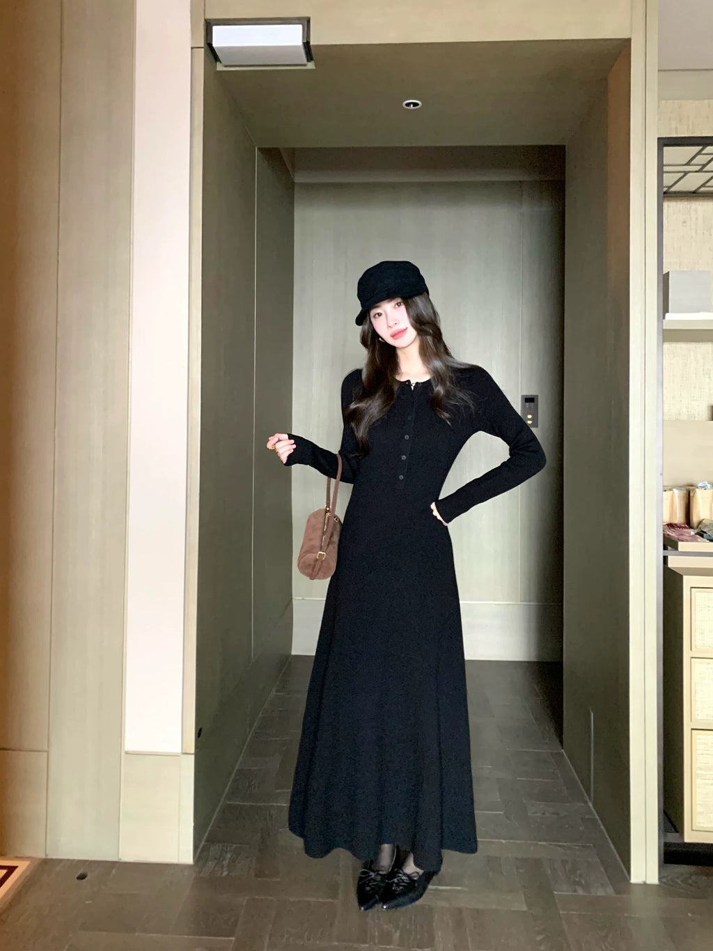 Pusumede Simple Henry Neck Long Sleeve Dress