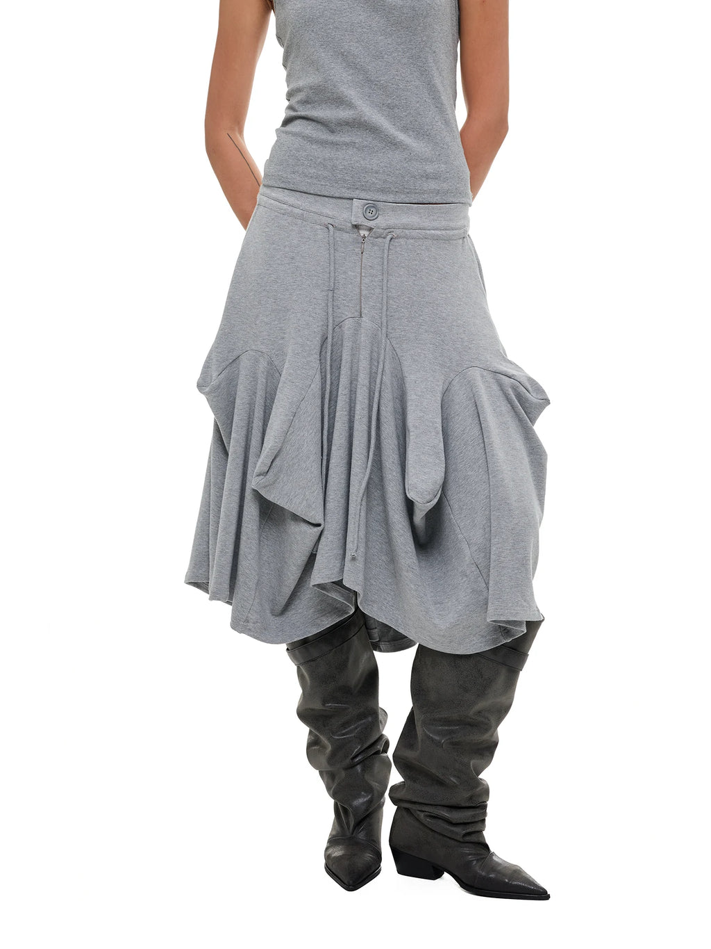 JIKOO Asymmetrical Drawstring Waist Midi Skirt