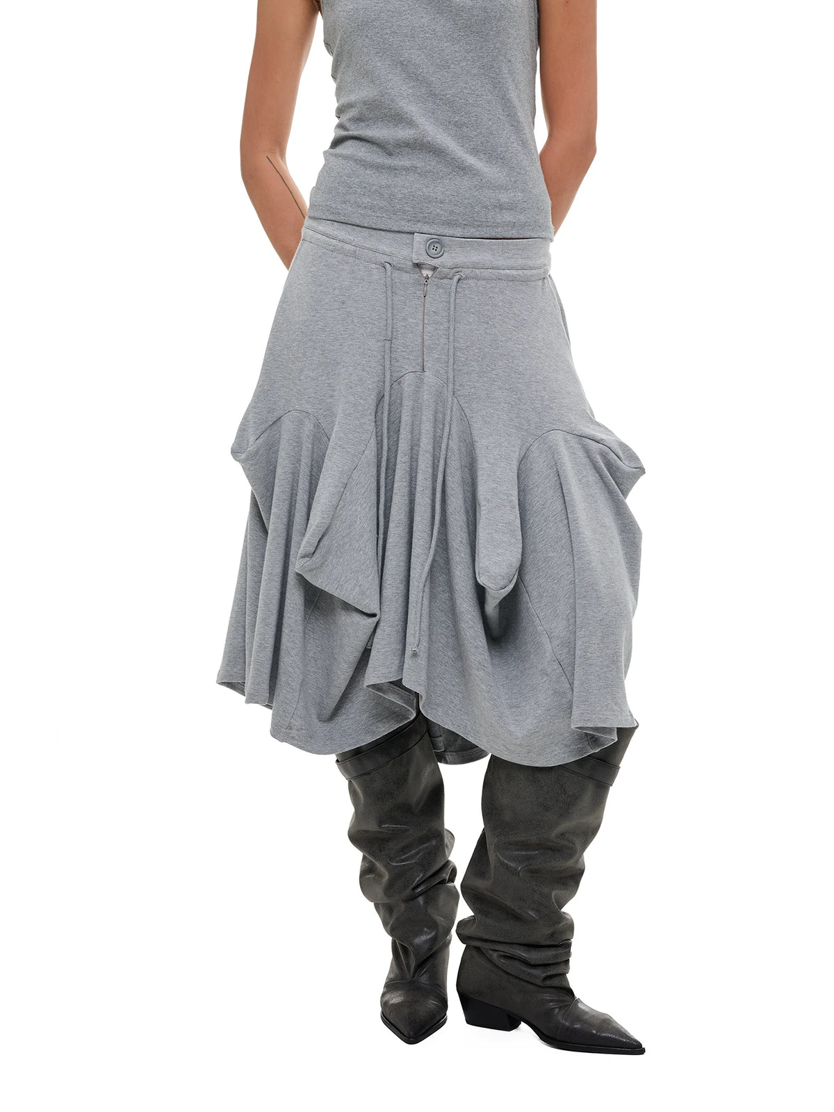 JIKOO Asymmetrical Drawstring Waist Midi Skirt