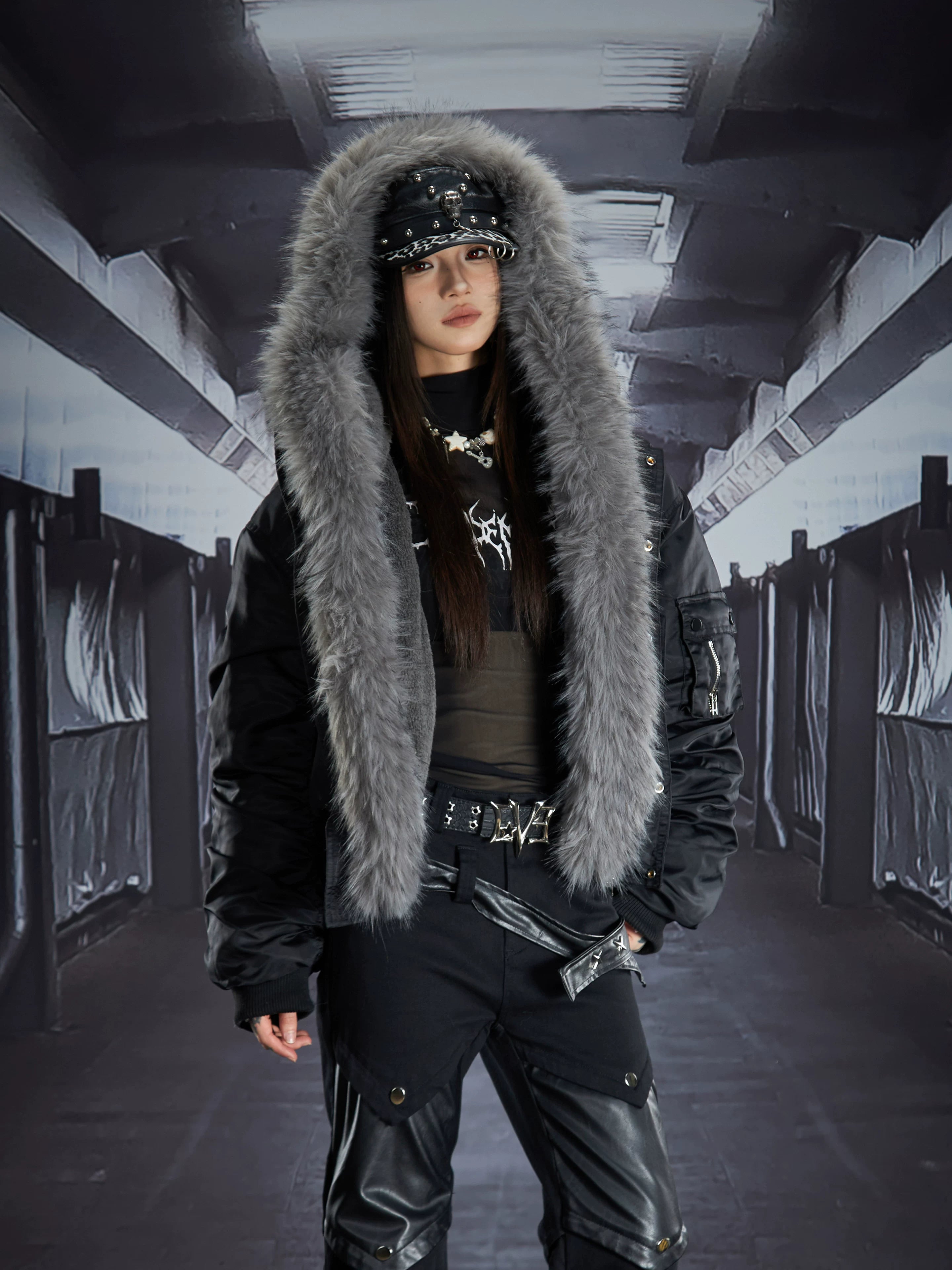 NOMANIAI Removable Fur Collar Nailed Hooded Embroidered Fleece Cotton Jacket