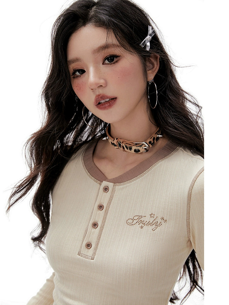 Imone Retro Letter Hot Diamond Contrasting Fake Two Long Sleeves