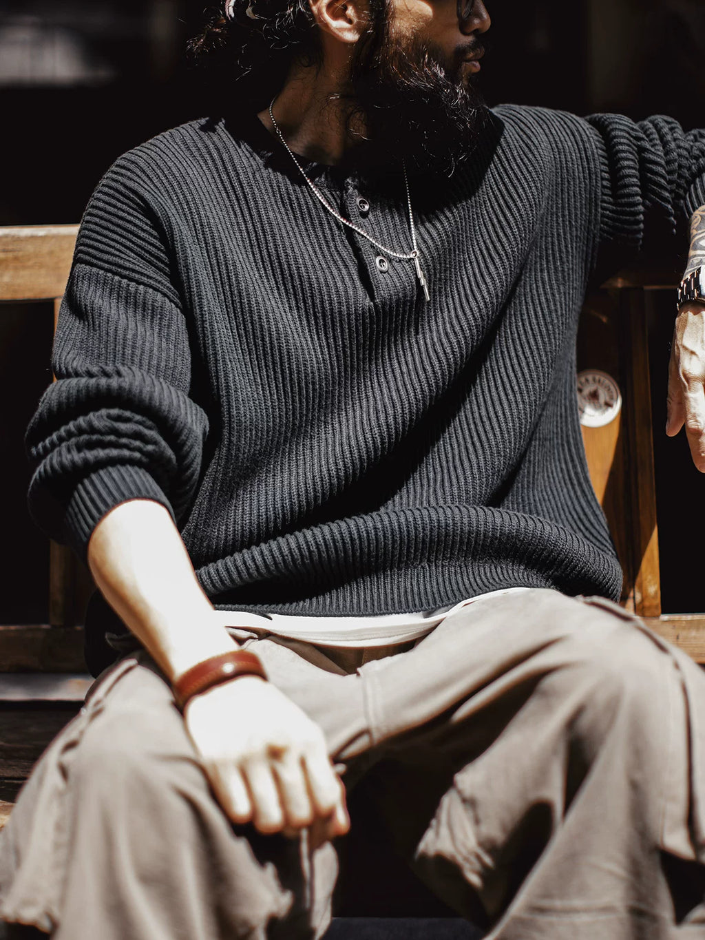 Madden Vintage Vertical Striped Henry Neck Sweater